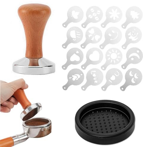 SHAPEPOTY Prensa Café, Incluye Un Mortero, Una Almohadilla Impermeable Y Un Juego Plantillas En Aerosol Para Espuma Leche, Prensa 51 Mm, Cafeterías Y Amantes Del Café