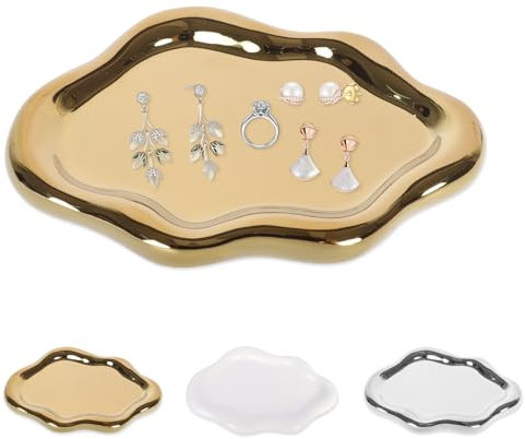Plliocse Ceramic Jewellery Dish Cloud Jewelry Plate Tray, Small Decorative Plate Ornament for Organiser Keys, Rings, Jewelry, Watch (Gold)