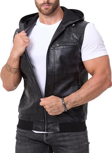 FANARCHER Men's Vintage Faux Leather Vest Jacket Zip-up Classic Hipster Vest with Hood Sleeveless Jacket