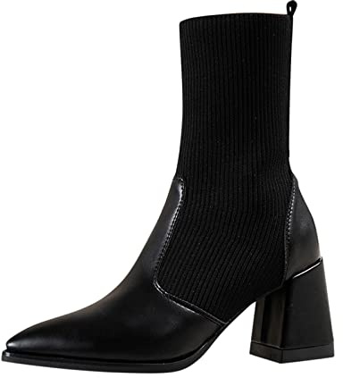 Janly Stivaletto Tacchetto Stivaletti da donna Autunno e inverno Tacco grosso Tacco medio a punta Calzini di stoffa Scarpe Tinta unita Stile casual (Black, 40)