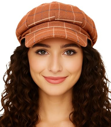 Durio Newsboy Hats for Women Newsboy Cap Winter Beret Hat Paperboy Wool Vintage Plaid Fashion Fall Hats for Women Caramel Plaid One Size