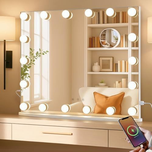 LUXFURNI - Espejo de cambiador de Hollywood de 26 x 21 pulgadas con luces, 18 bombillas LED con iluminación, espejo de maquillaje iluminado de 3 colores, mesa y montaje en pared, espejo de aumento de