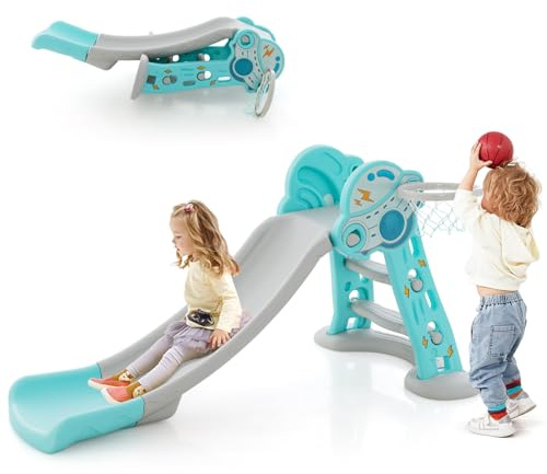 GLACER 4 in 1 Toddler Slide, Folding Baby Slide with Basketball Hoop and Ball, Climbing Ladder, Freestanding Toddler Playground for Indoor and Outdoor Use, Gift for Boys Girls Over 3 Years Old (Blue)