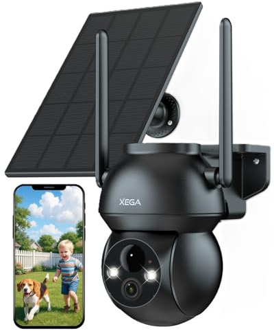 Xega Camera Solaire Exterieur WiFi sans Fil, 2K PTZ IP Camera Surveillance Vision Nocturne Colorée, Détection Humaine PIR, Étanche IP66, Audio Bidirectionnel Alerte instantanée, Cloud/TF Stockage