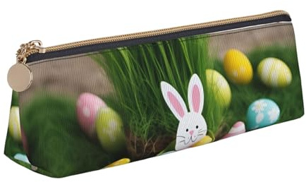 FFCVZAA Trousse à crayons en bois avec imprimé œuf de Pâques lapin herbe pratique pour l'école, le bureau, les garçons et les filles