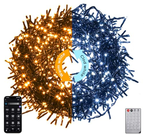 Circlio Luci di Natale da Esterno, 25M 1000LED Illuminazione Bicolore Luci Albero di Natale con Telecomando e APP, 17 Modalità, 4 Luminosità, Cascata Luci Natale Decorative (Bianco Caldo e Freddo)