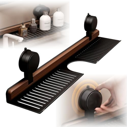 UIUSEA Walnut Bathroom Kitchen Suction Storage Holder, 2025 New Removable Wall Mounted Sink Shelf Over Faucet, Sink Faucet Organizers,No Drill Faucet Organizer Rack for Bathroom (Black, 40CM)
