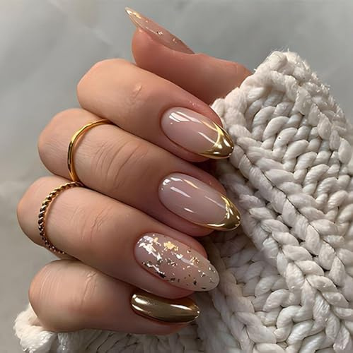 24PCS French Tip Press on Nails with Unique Glitter Design, Gold French Tips, and Gold Foil Accent for Chic Manicure Natural Nude False Nails Short Almond Shape, High Glossy Acrylic