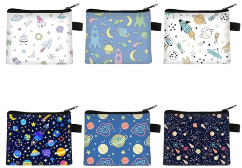 Fubuuf 6 Pezzi Portamonete Bambini Spaziale con Cerniera, Mini Borsello Piccolo Portafoglio Multifunzione Portatile Coin Purse con Stampa Stelle e Pianeti per Monete, Chiavi, Auricolari