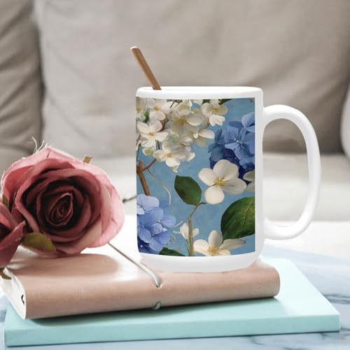qenuh Watercolor Blue White Hydrangeas Flower Ceramic Mugs Coffee Cup Smooth Glaze Finish 15 oz Classic Tea Cup for Hot Drinks, Office/Home Use