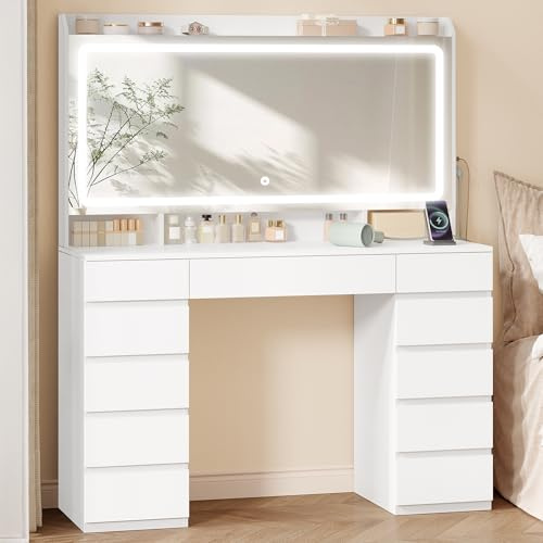 Hzuaneri 108 cm Tocador de Maquillaje, Tocador con Espejo HD Grande, Luces LED Regulables y Enchufes, 11 Cajones, 3 Compartimentos de Almacenamiento y 1 Estante Superior, Blanco DT43003XEU