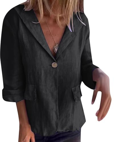 Cardigan en tricot pour femme - Pull ample - Grande taille - Bouton solide avec revers en lin mélangé
