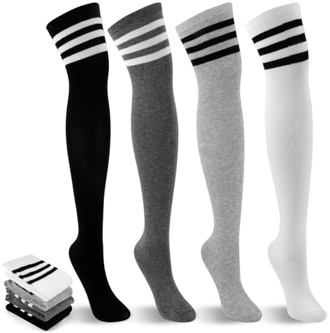Okxiri 4 Pack Thigh High Socks, Striped Over the Knee Socks for Women, Soft Stretchy High Socks Warmer for Cosplay, Daily Wear, and Boots