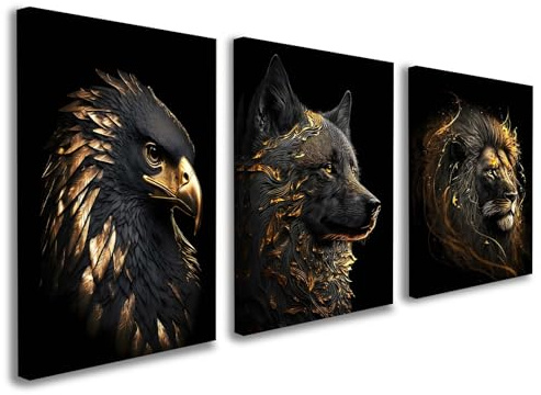 Set of 3 Framed Canvas Wall Art 12x16 Inch Wolf Lion Eagle Black and Gold Animal Artwork Modern Wall Canvas Pictures for Living Room Bedroom Gaming Room Office Decoration with Hooks and Magic Tape
