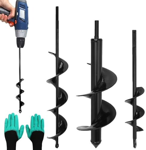 3 Pezzi Trivella per Terreno, 8×30cm 4×22cm 4×42cm Trivella a Scoppio, Trivella per Trapano, Punta Elicoidale da Giardino Fornire 1Paio di Guanti per Coltivazione Profonda, la Creazione di Buchi