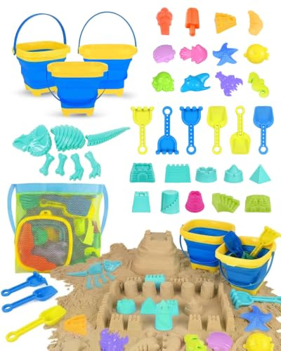 Zumhigh Beach Sand Toys for Kids 39 PCS Sand Bucket and Spade Beach Set, Sand Toys with Shovels, Sea Animal Molds and Mesh Backpack Bag, Outdoor Sandbox Toys for Toddlers Boys Girls Age 3 4 5, Blue