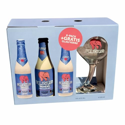 Générique Vaso oficial de cerveza Delirium, tulipán cáliz 33 cl + 6 botellas, estilo Art Deco, para degustación o colección (Delirium Tremens Blonde)