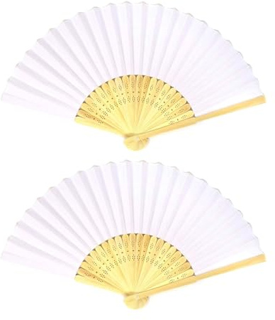 FEQDWOX 2 Ventagli Bianchi Pieghevoli in Stoffa Orientale per Matrimonio e Festa, Ventaglio a Mano Elegante da Borsetta, Decorazione & Regalo Rinfrescante