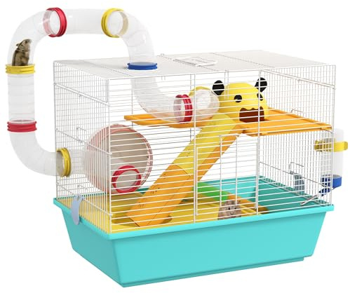 PawHut Gabbia per Criceti con Ruota, Casetta, Ciotola, Rampe e Serbatoio dell'Acqua, Gabbia per Gerbilli in Acciaio, PS e PP, 45x28x37 cm, Bianco e Azzurro