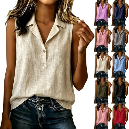 Générique Chemisiers Femme Été sans Manche Col en V Coton et Lin Gilet Couleur Uni Boutonné Décontracté Trekking Tunique Tops Legere Respirant Fluide Plage Blouses