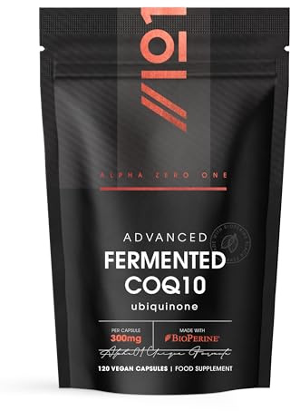 Fermented CoQ10 300mg – 120 Vegan Capsules – USP Grade Ubiquinone with BioPerine® Enhanced Absorption – Naturally Fermented Co Enzyme Q10 – by Alpha01