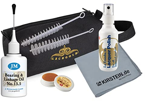 Lechgold Pflegeset für Blechblasinstrumente mit Drehventilen - Ventilöl und Lackpolitur - 2 Mundstückbürsten - Korkfett und Mikrofasertuch - Alles verstaut in robuster Tasche mit Halteschlaufe