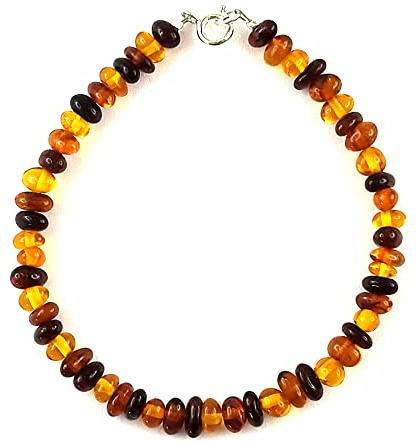 LE DEUCALION Bracciale in vera ambra naturale con una miscela di 3 colori, 18 cm, chiusura argento. Gioiello sottile e raffinato, un materiale antico e leggero da indossare