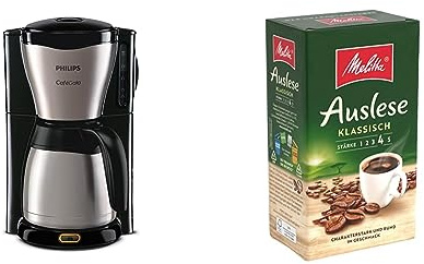 Philips Filterkaffeemaschine – 1.2-Liter-Thermoskanne, Edelstahl, silbern/schwarz + Melitta Auslese Filter-Kaffee 500g, Pulver für Filterkaffeemaschinen, starke Röstung, geröstet in Deutschland
