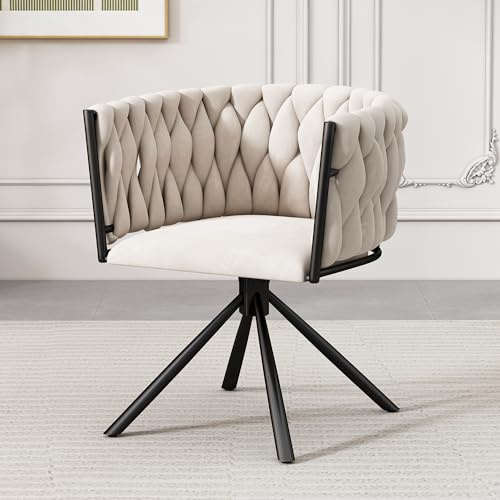 BTM Velvet Dining Chair, Armchair, Single Luxurious Living Room Chair, Bedroom Swivel Chair, Leisure Swivel Chair with 4 Metal Support Legs, Beige