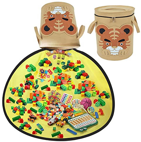 Modojuny Kids' Toy Storage Organizers with Play Mat, Foldable Large Kids Canvas Bag/Bin with Zipper for Building Blocks, Cars, Dolls and Other Toys - Tiger Pattern