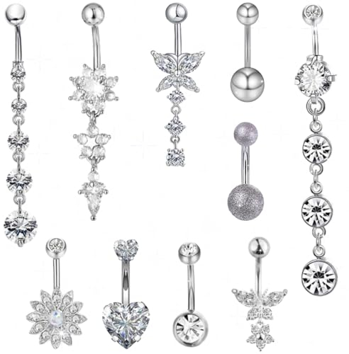 BDSHUNBF 10er Set Bauchnabelpiercing Schwangerschaft, Schmetterling Herz Blume Anhänger Piercing Schmuck Damen, Belly Piercing Set