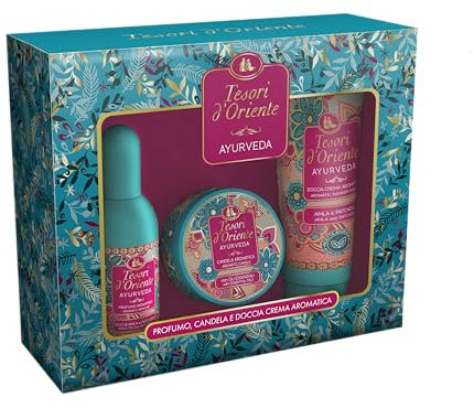 Tesori d'Oriente, Ayurveda Set Doccia Aromatico con Doccia Crema, Profumo e Candela Profumata, Fragranze con Note Armoniose di Arancio Dolce, Limone e Pepe Rosa, Confezione Regalo