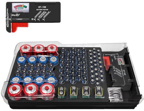 Batterie Aufbewahrungsbox, Batteriebox, Batterie Organizer für fasst 93 Batterien verschiedener Größen Sortierbox Aufbewahrungsbox für AAA, AA, 9 V, C, D und Knopfbatterie 305 mm x 175 mm x 60 mm