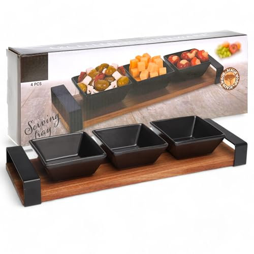 MIJOMA Set de service 4 pièces – Élégante planche en bois d'acacia avec 3 bols en céramique – Parfait pour tapas, sauces, fromage et collations – Décoration de table élégante