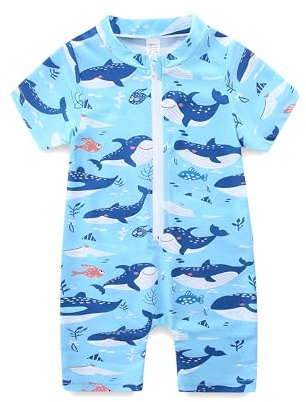 KIDDLETOWN Maillot de Bain Bébé Garçon Une pièce à Manches Courtes | Imprimé Requins, Tortues et Baleines, Maillot de Bain Bébé Garçon Une pièce Vêtements à Manches Courtes 6-24 Mois 2-3 Ans