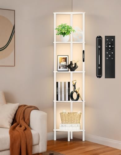 OUTONLIFE Libreria con Scaffale in Legno a 5 Ripiani e Luce LED Dimmerabile, Touch e Telecomando, 3 Temperature di Colore, Timer 1h, Lampada da Terra per Soggiorno, Camera o Ufficio