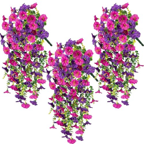 LIUYIDM 3 Stycken Artificiella Växter för Utomhus Användning Falska Växter att Häng Upp som En Äkta Petunia Artificiella Växter att Häng Upp, Väderbeständiga, för Utomhus, Balkonger (Lila lotus+röd)