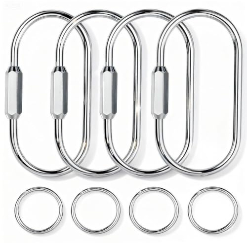 Tiezzi Gold Brass Key Rings, 4 Pack Keychain with 4 Flat Rings Carabiner Clip, Screw Lock Keys Organizer, Purse Bag Accessories Charms Holder for Handbags, Doll, Car Keys,Silvery - Medium Size