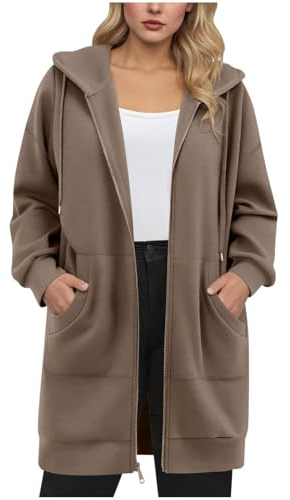 Zip Up Hoodies for Women UK Casual Drawstring Oversized Jackets Ladies Basic Plain Long Sleeve Hooded Sweatshirts with Pocket Fall Winter Dropped Shoulder Fashion Longline Hoodie Brown