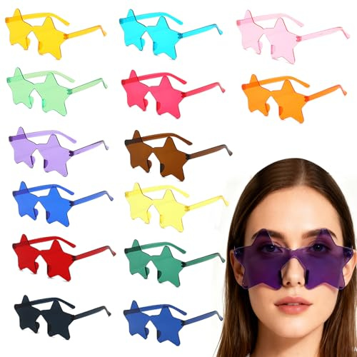 MUFEKUM 14 Pcs Star Shaped Party Glasses, Rimless Star Sunglasses, Multipack Eyewear for Party Fancy Dress Costume Hippie Colored Glasses Party Festival Accessories