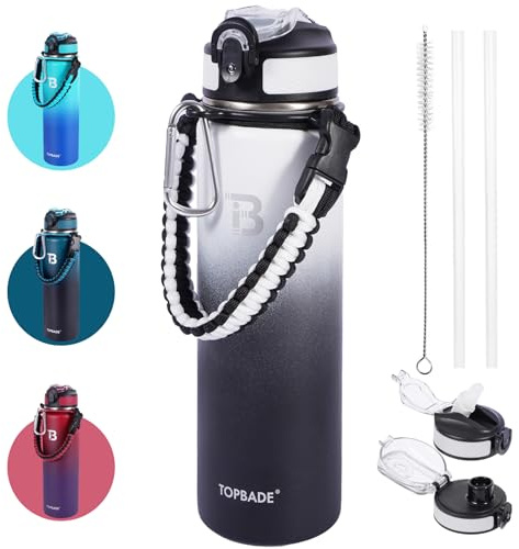 TOPBADE Gourde en acier inoxydable de 1 l, avec couvercle à paille et couvercle Chug, 1000 ml, double paroi, anti-fuite, avec poignée en paracorde amovible, pour l'école, le fitness, l'extérieur, le