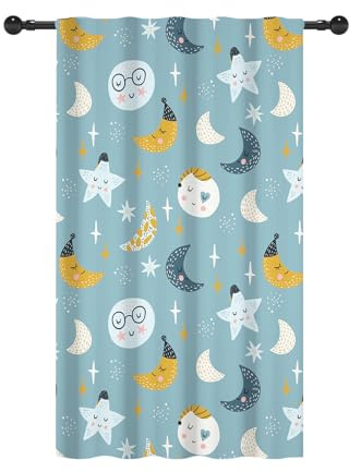 YONGFOTO 107x160cm Cortinas Infantiles para Dormitorio, Boho Soñador Dibujos Animados Espacio Luna Estrellas Planetas Cortinas De Ventana con Bolsillo para Barra para Guardería Sala De Estar, 1 Panel