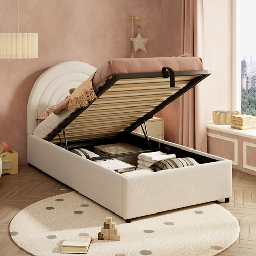 3ft Single Bed Frame, Upholstered Ottoman Bed with Storage, Hydraulic Storage Beds with Boucle Fabric & Sturdy Wooden Slat Support, No Box Spring Needed, Youth Beds for Adults Kids Teenagers, Beige