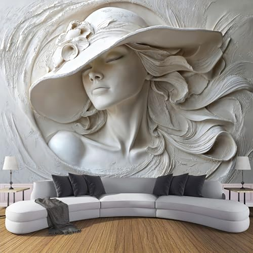 Escultura 3D De Una Mujer Con Sombrero Papel Pintado Panorámico 150x105cm, Arte En Relieve Papel Pintado De Seda, Grandes Murales Para Salón Sala De Estar Estudio Decoración, Blanco