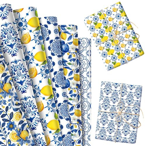 12 feuilles papier cadeau motif citron bleu emballage fete plie plat papier | 12 feuilles papier cadeau motif citron bleu emballage fete plie plat papier art pour anniversaire fete mariee baby shower