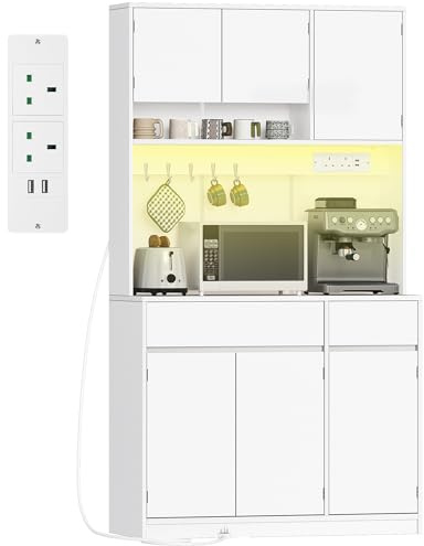 Hzuaneri Kitchen Cupboard with LED & Power Outlet, Tall Kitchen Cabinet | Sideboard Storage Cabinet with Countertop & 2 Drawers, Adjustable Shelves, Dining Room, 40 x 100 x 180 cm White PT00203XUK
