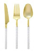 Decorline Pearl Collection återanvändbara plastbestick-set 36 delar – 12 gafflar, 12 skedar, 12 knivar – vit/guld – premium plastbestick för fester och evenemang