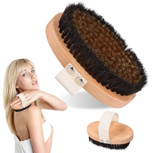 2 cepillos secos de cerdas naturales cuerpo con cerdas de cobre y crin, energético de madera de haya, de masaje con correa de mano para masaje seco, exfoliación y drenaje linfático