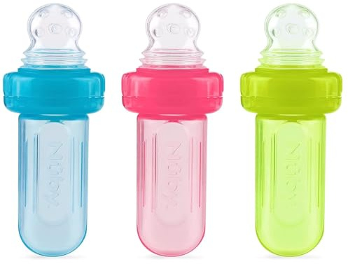 Nuby EZ Squee-Z Silicone Self Feeding Baby Food Dispenser, 1 Count (Pack of 1) - Aqua/Pink/Green, Colors May Vary