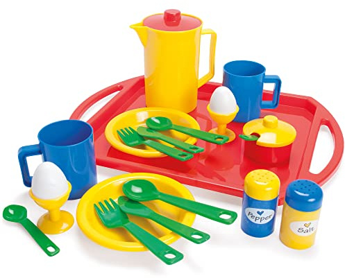 Dantoy Breakfast Set with Tray, Role Play Tea Set with 23 Pieces Pretend Play Toys for Kids – Multi-Colour